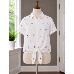 Vintage Polo Ralph Lauren White Embroidered Tie Front Shirt Size Small Flowers